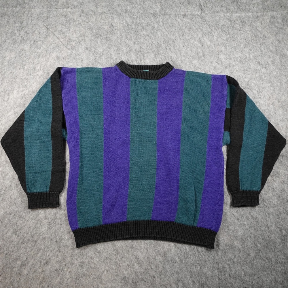 Vintage IOU Sweater Mens Large Purple Green Striped 90s Grandpa Knit Retro